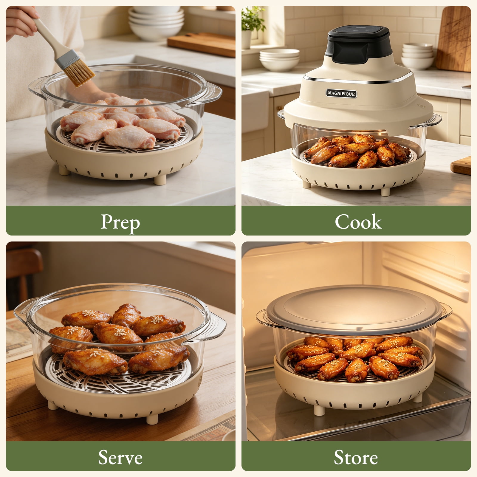 Magnifique Air Fryer with Two Replaceable Glass Pots, 4.5QT & 2.5QT, Oat White Air Crisper with Air Fry, Bake Settings