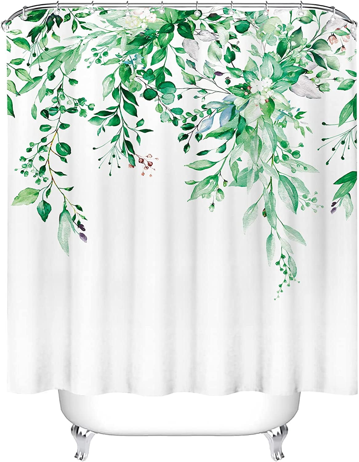 Emerald Green Eucalyptus Shower Curtain Sets, Watercolor Leaves on The Top Plant with Floral Bathroom Decoration 72x84 Inch with Hooks