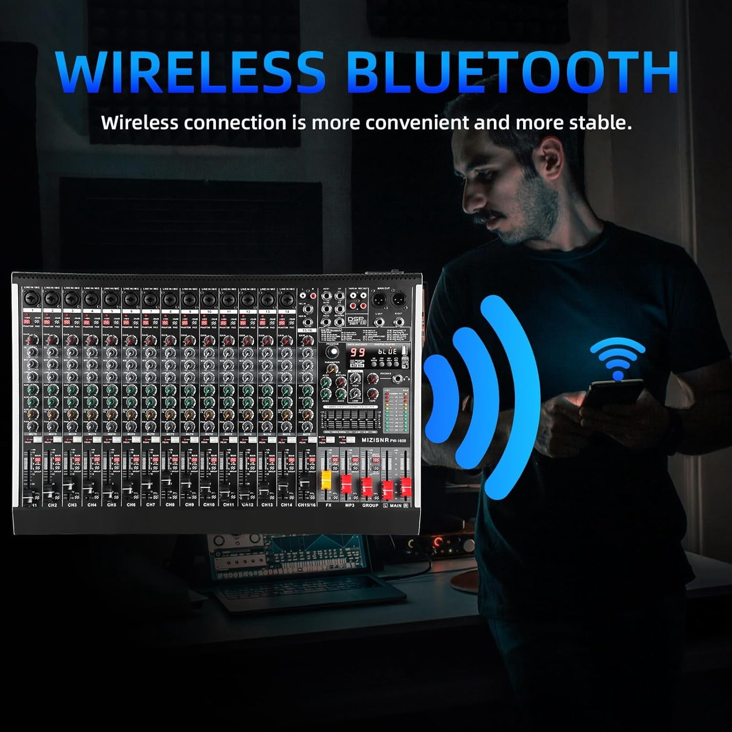 16 Channel Audio Mixer Professional Sound Mixing Board with 99 DSP Effects, 7-band EQ Digital DJ Mixer Console w/USB Bluetooth MP3 for Recording, Independent 48V Power & Mute Button
