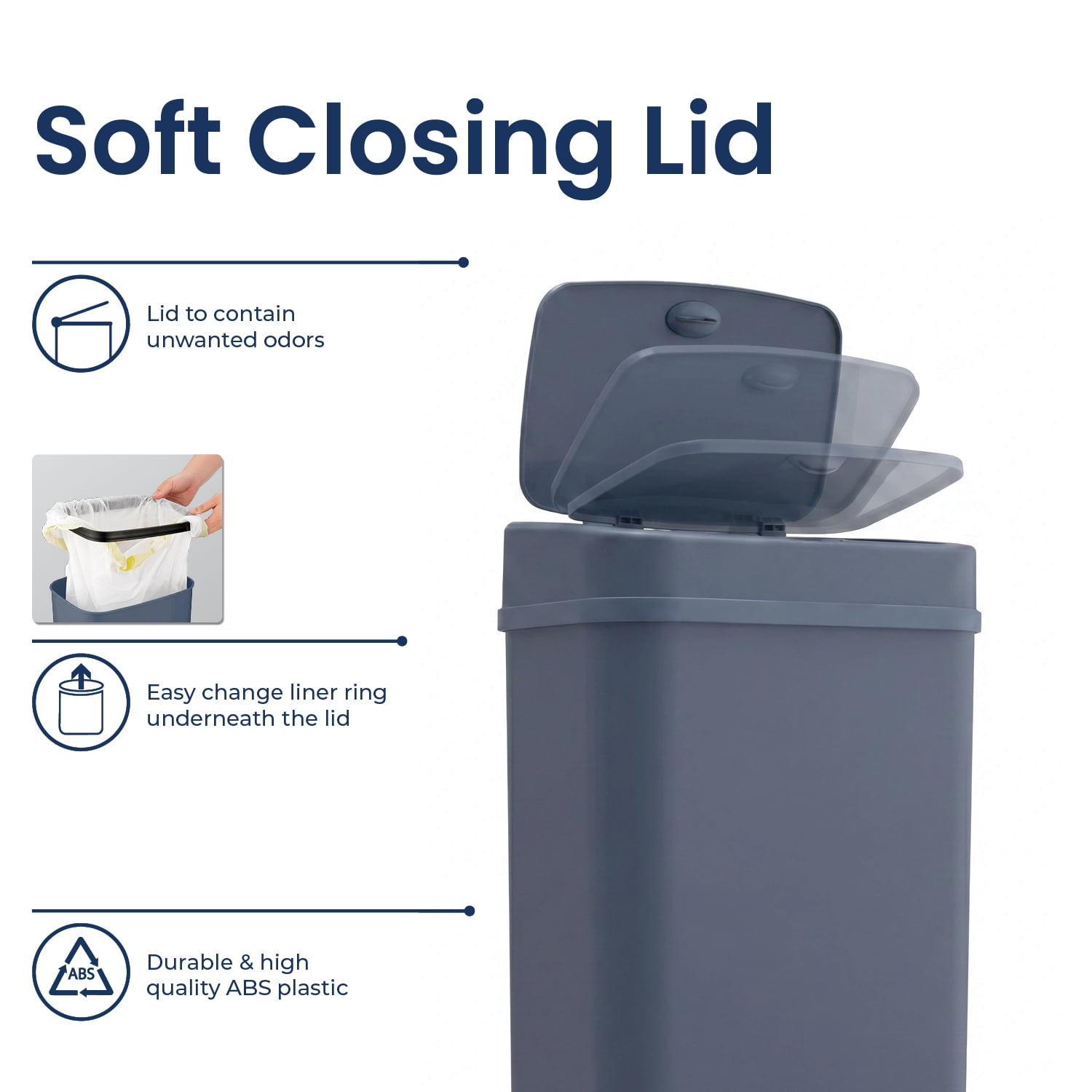 Nine Stars Automatic Bathroom Trash Can, 3.2 Gallon Plastic, Motion Sensor Waste Bin with Soft Close Lid, Washed Indigo