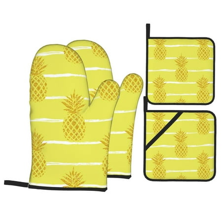 

Oven Mitts and Pot Holders 4 pcs Set Gold Pineapple Heat Resistant Pot Holders Oven Mitts for kitchen Non-Slip Hanging Loop Oven Glove Potholders for Baking Cooking