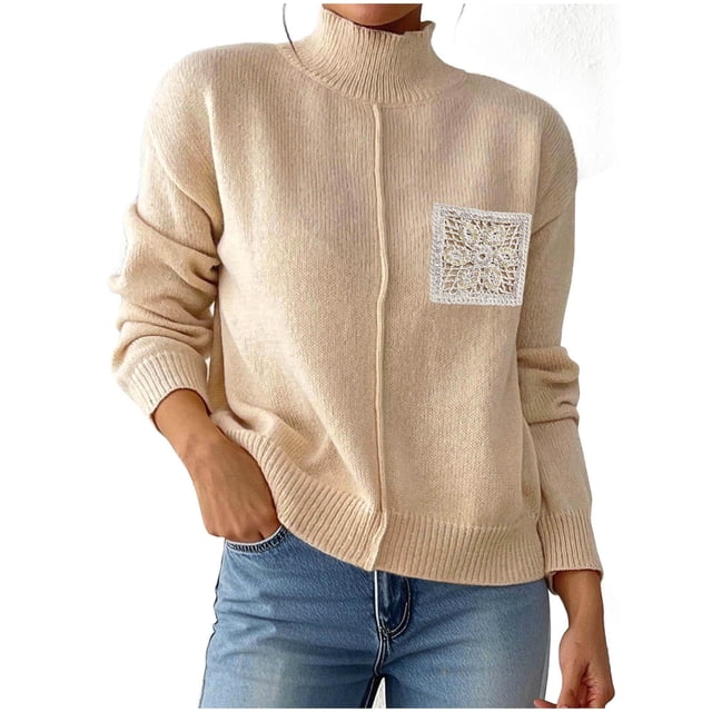 Lenpel Chandails à Col Roulé pour Femmes Mode Automne Manches Longues Patchwork Tricot Hauts Doux Vêtements d'Hiver Décontractés (Beige, Petit)