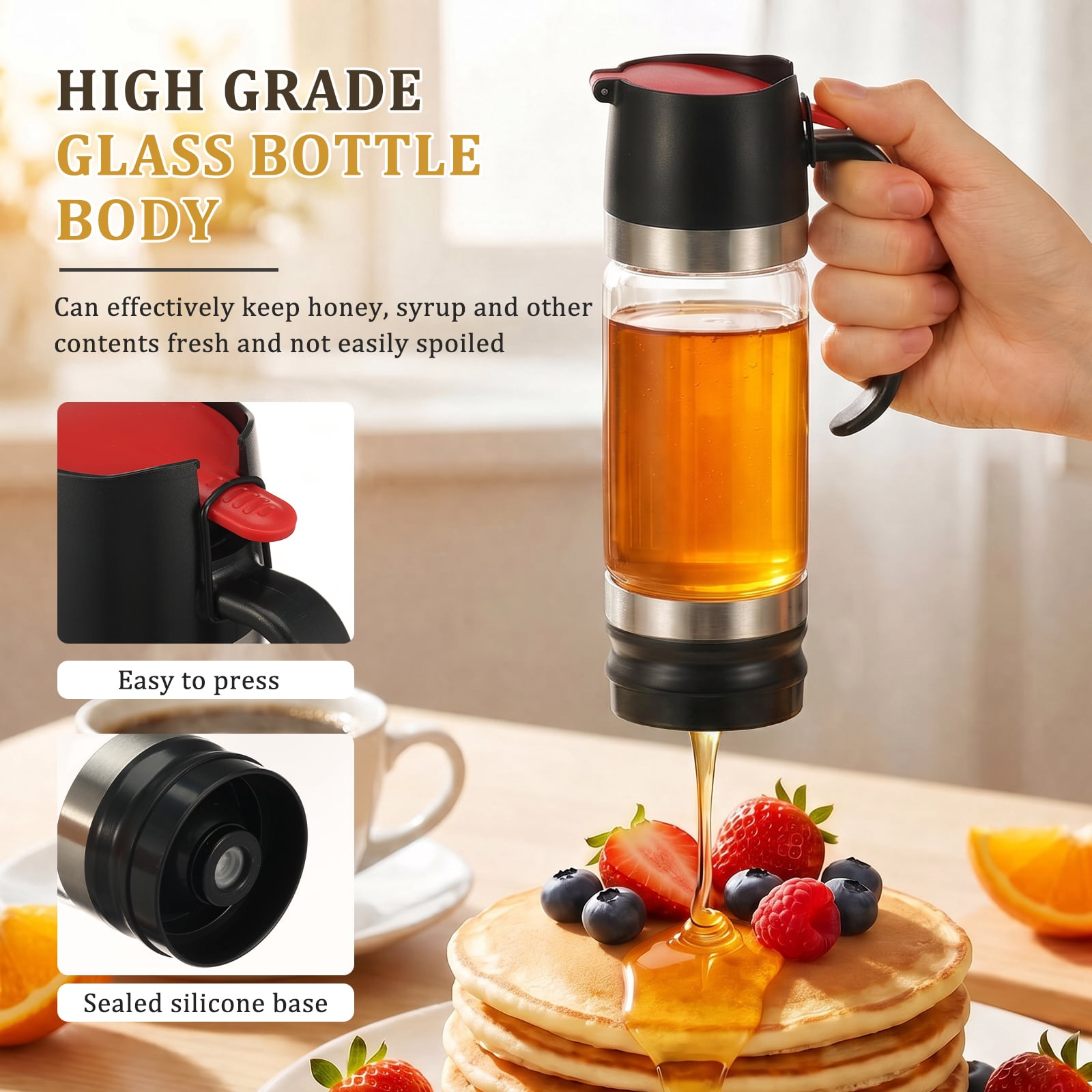 Toorise Glass Honey Dispenser 11.83oz No Drip Honey Jar with Handle Mess Free Glass Maple Syrup Dispenser for Coffee Tea Pancake
