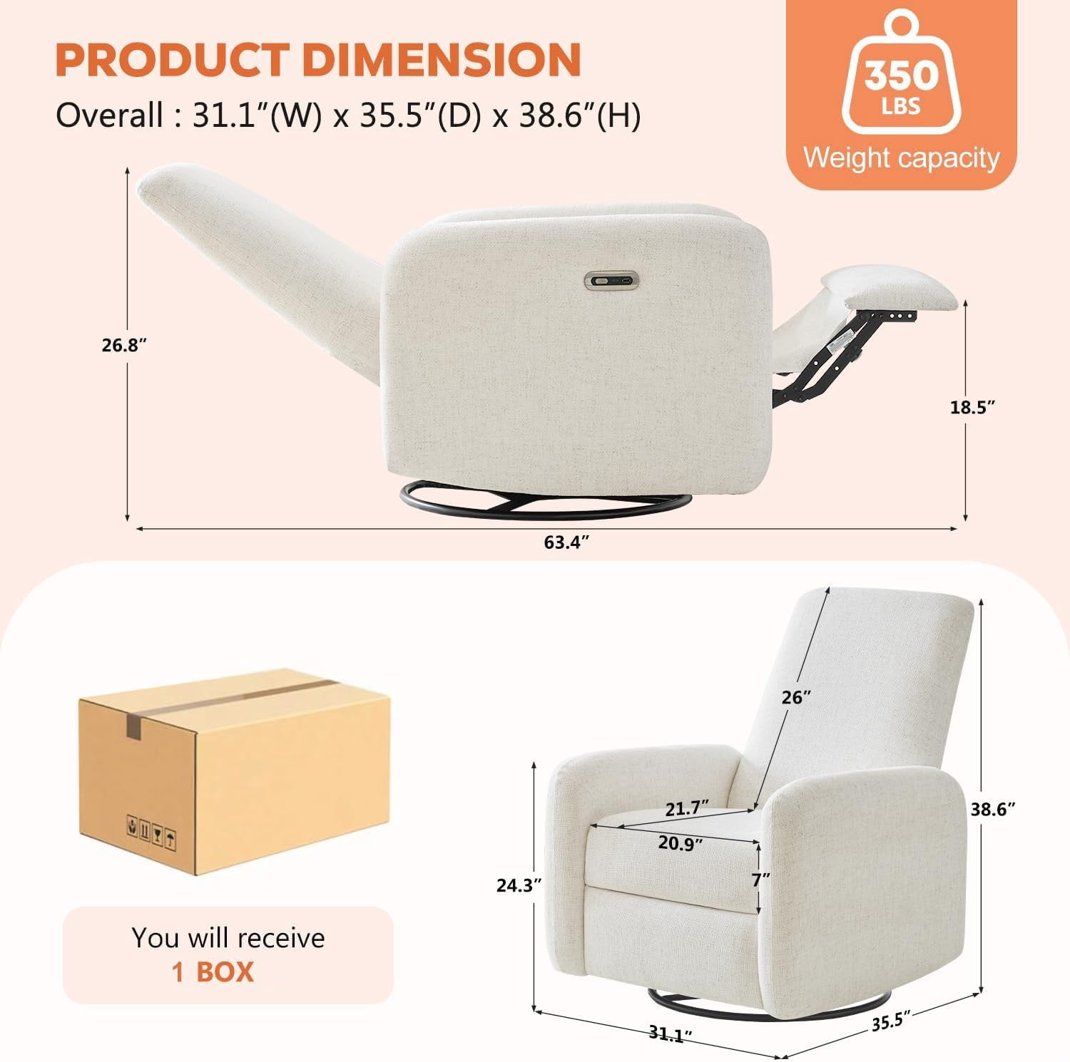 JULY'S SONG Power Glider Recliner Chair, 270°Swivel Rocker Reclining Chair with USB Ports for Nursery, Cream