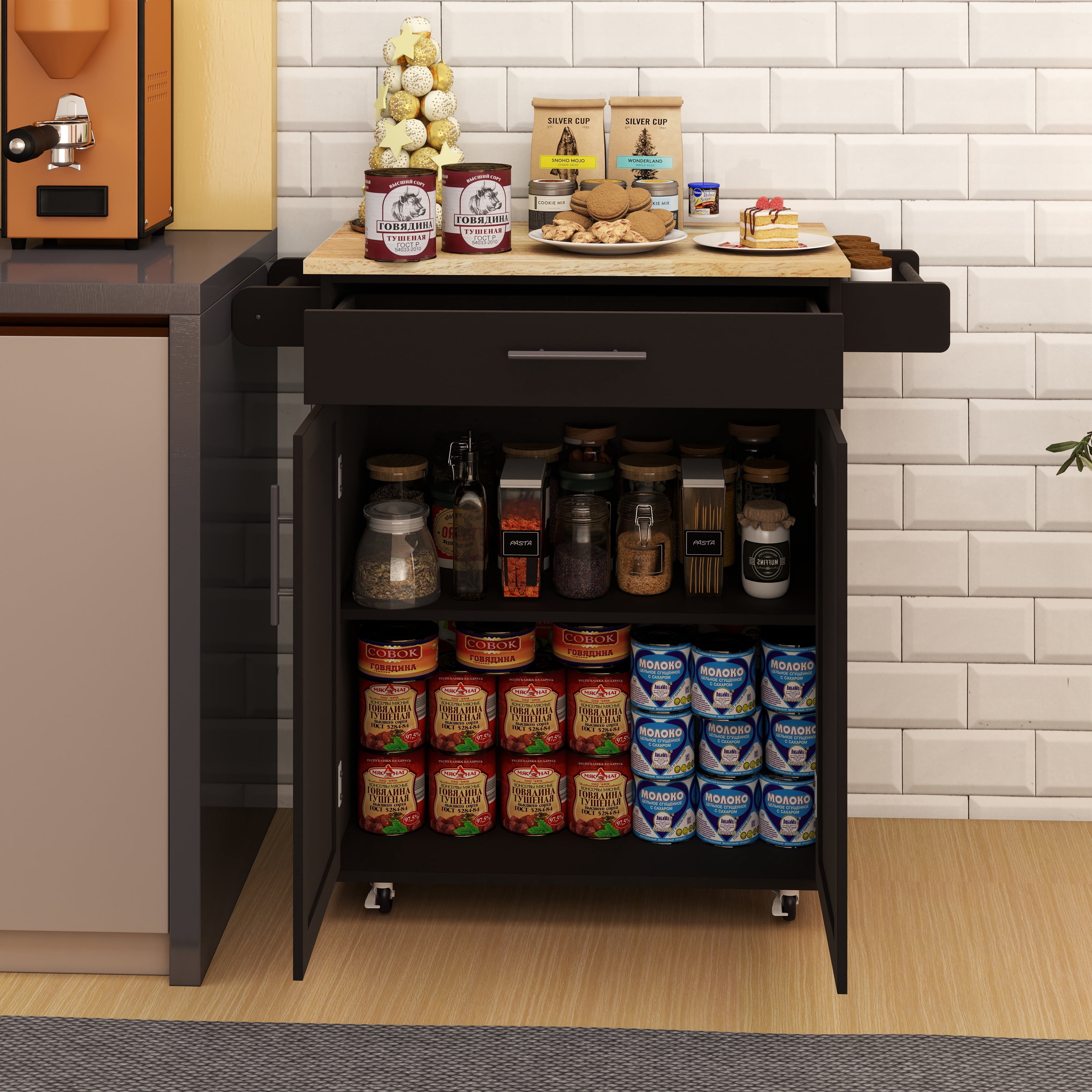 Kitchen Cart Rolling Kitchen Island with 1 Drawer, 2 Doors, Adjustable Shelves, Towel Rack and Seasoning Rack, Versatile Black Kitchen Island for Storage & Home Decor