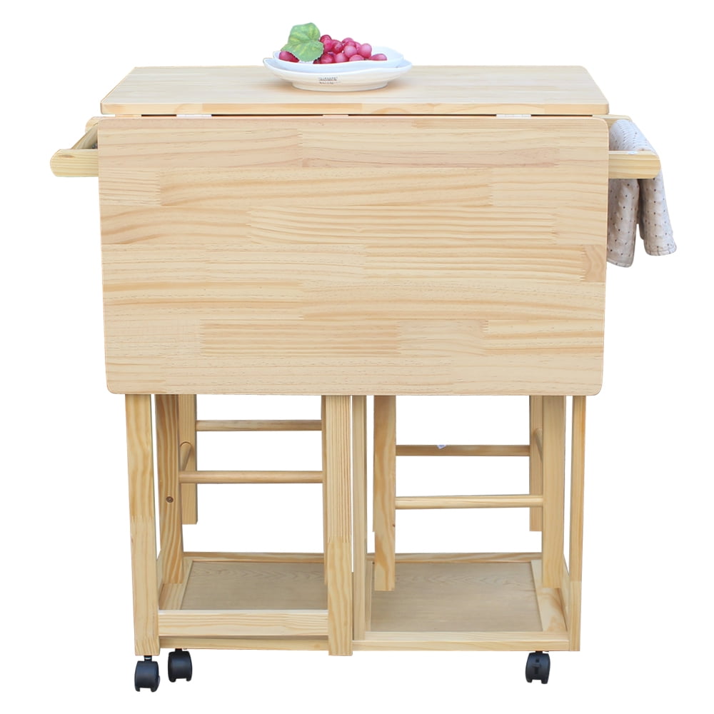 Lowestbest Kitchen Cabinet Restaurant Bar Tea Cart, Square Solid Wood Folding Dining Cart with 2 Free Stools, Natural Lowestbest Kitchen Cabinet Restaurant Bar Tea Cart, Square Solid Wood Folding Dining Cart with 2 Free Stools, Natural