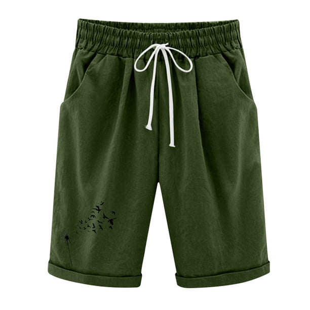 Gibobby Pantalones colombianos cortos con estampado de diente de león de lino y algodón para mujer, pantalones cortos con cordones para entrenamiento en la playa con bolsillo(Verdinegro, S)