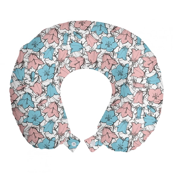 Floral Travel Pillow Neck Rest, Pastel Bellflowers Bouquets Flowering Summer Essence Campanula Meadow Motif, Memory Foam Traveling Accessory Airplane and Car, 12", Blue Rose and White, by Ambesonne
