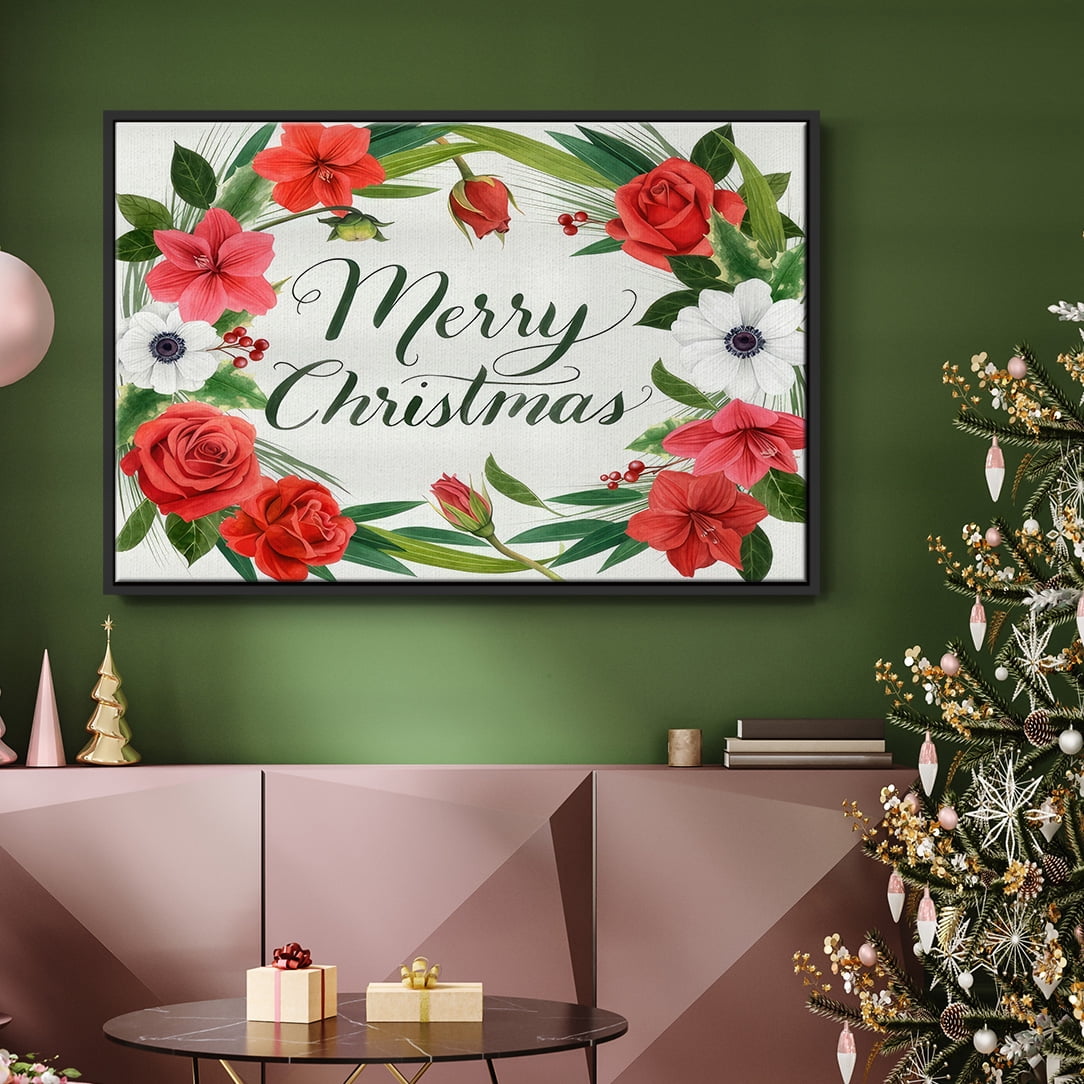 Christmas Flora Wreath Collection A - Framed Gallery Wrapped Holiday Canvas - 25 x 37 - Black Frame