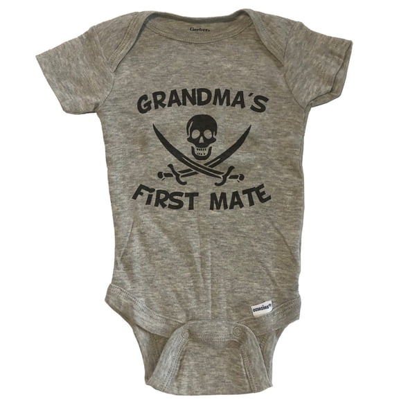 Grandma's First Mate Funny Pirate Baby Bodysuit - Grey