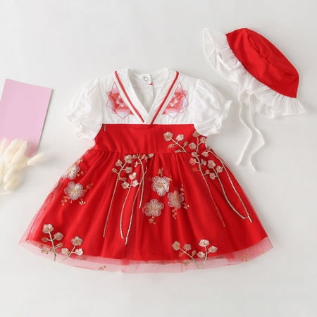 

XIEULQP Summer Dress Girls Short Sleeved Summer Cute Style Embroidered Flower Dress Princess Dress with Hat Flower Girl Dress Red