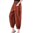thumbnail image 1 of Pantalon Grand en Lin Uni à Taille Haute Élastique d'Été pour Femmes, 1 of 5