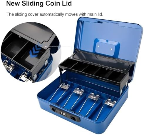 Locking Cash Box with Coin Lid, 11.8L x 9.5W x 3.5H Inches, Latch Safe Money Box with Combination Lock, Blue