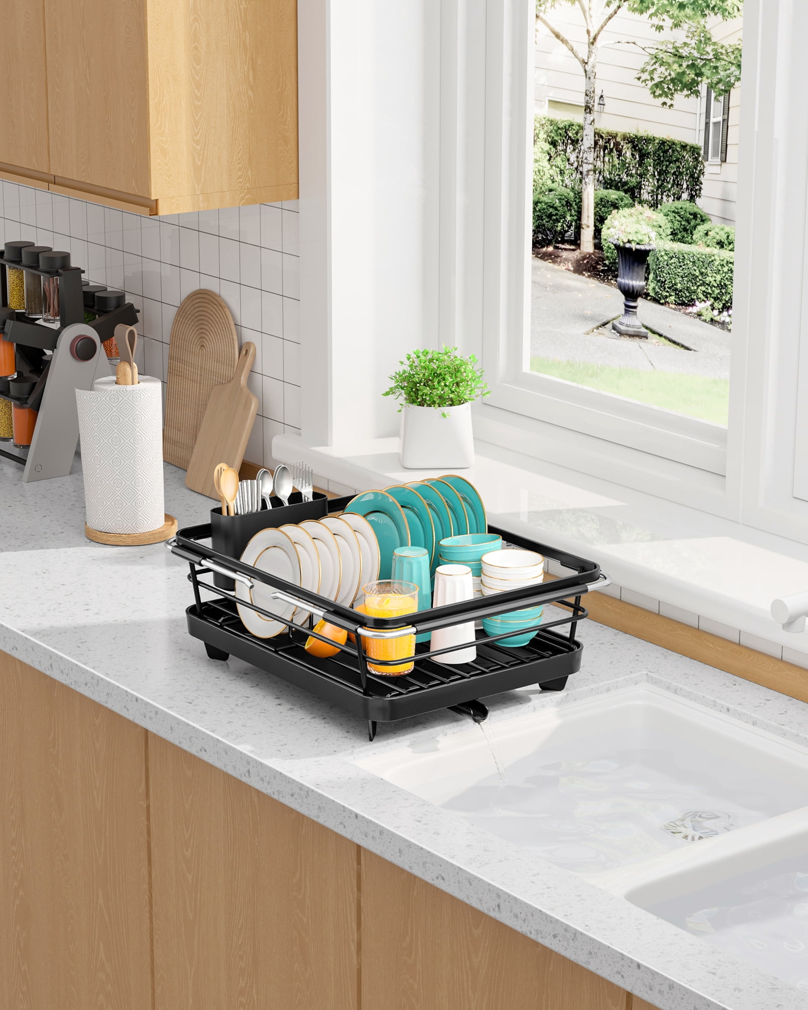 Sakugi Expandable Dish Drying Rack for Kitchen Counter, Stainless Steel Sink Organizer with Cutlery Holder, Space-Saving Dish Rack for Home and Apartment, 16" ~24"W x 12.6"D, Black