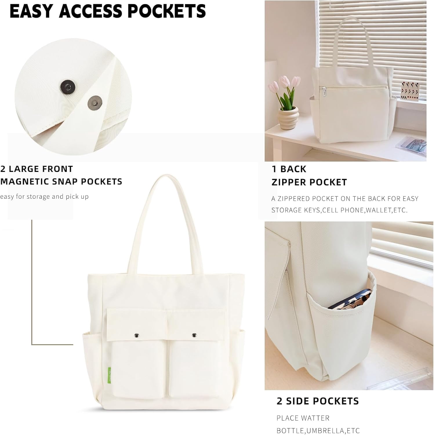 Women Multi Pockets Zipper Waterproof Lightweight Tote Bag Casual Large Shoulder Handbags Cute Canvas College Totes