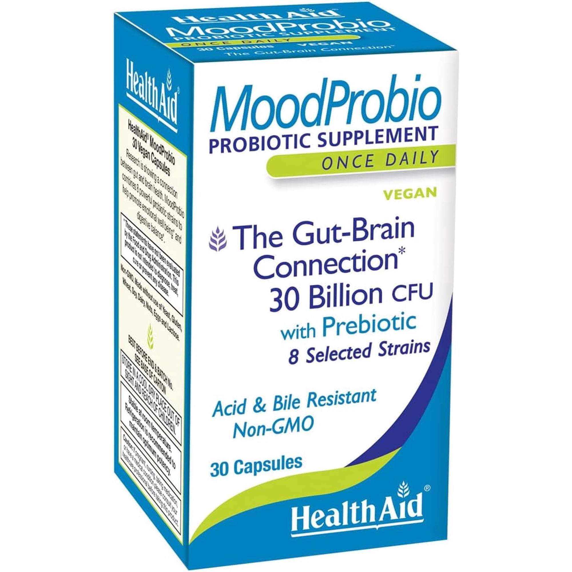 MoodProbio 30 Billion CFU With Prebiotic, Once Daily, Acid & Bile Resistant, Gluten, Dairy, and GMO Free, Vegan
