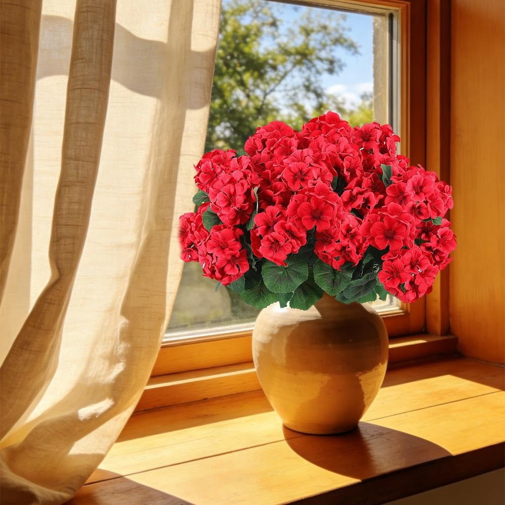 6 Pcs Artificial Geranium Flowers for Outdoors Geranium Silk Red Flower Outdoor UV Resistant Garden Plants Faux Flowers for Christmas Home Kitchen Table Centerpieces Decor, Without Flower Pot