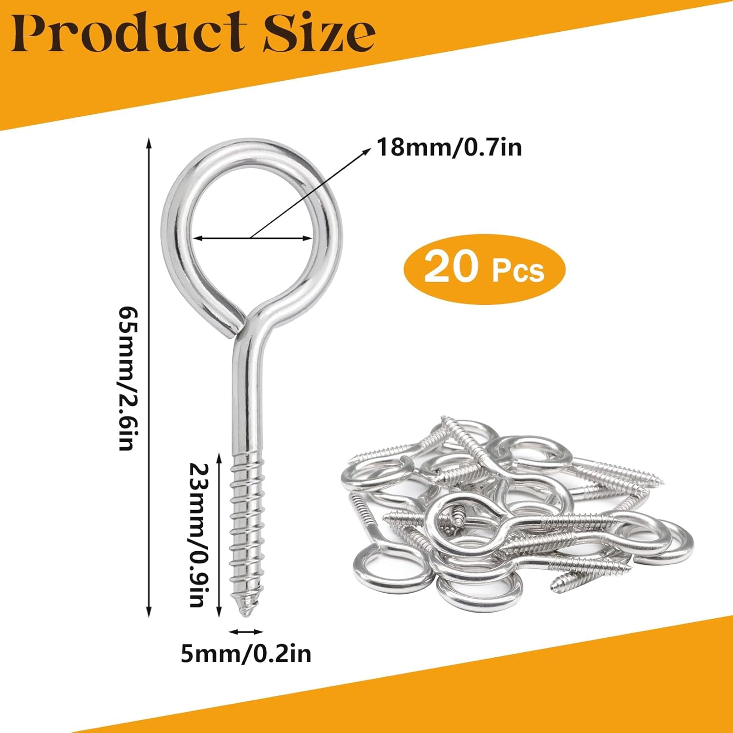 Pack of 20 M5 x 65 Eye Bolts Vine Eye Screws Hooks Metal Screw Hooks Heavy Duty 304 Stainless Steel Self Tapping Ring Screw Nails Eyelets Screw for DIY Cork Craft Hanging Wooden Frames