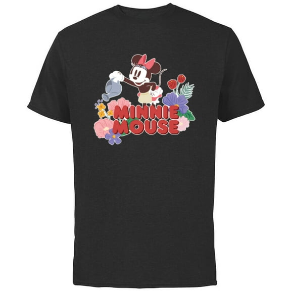 Disney Minnie Mouse Watering Flowers Botanical Garden Spring - Short Sleeve Cotton T-Shirt for Adults - Customized-Black