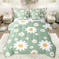 Feelyou Cartoon Floral Green Bedding Comforter Set 7pcs, Kawaii Blossoms Flower King Bedding Sets, Dreamy Princess Style Reversible Bed Sheets, Ultra Soft Bedroom Decor