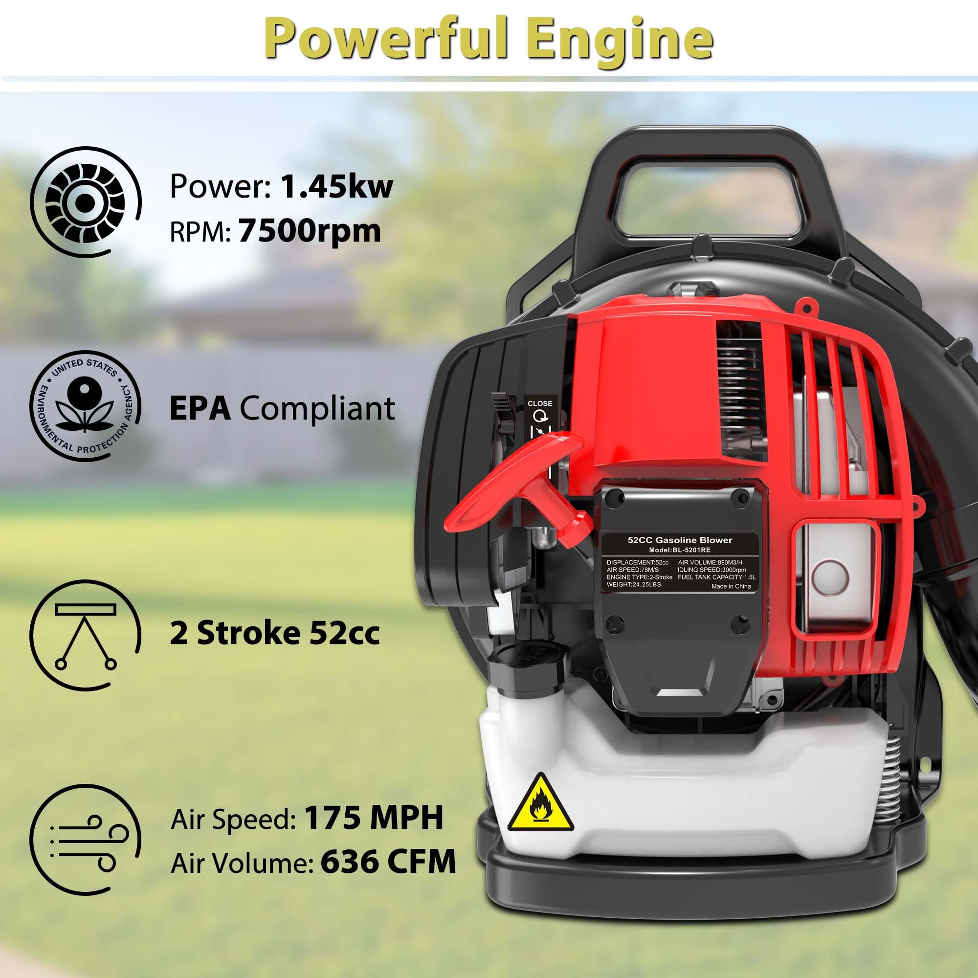 BTMWAY 248 MPH at 530 CFM 52cc Gas Powered Backpack Leaf Blower, Red