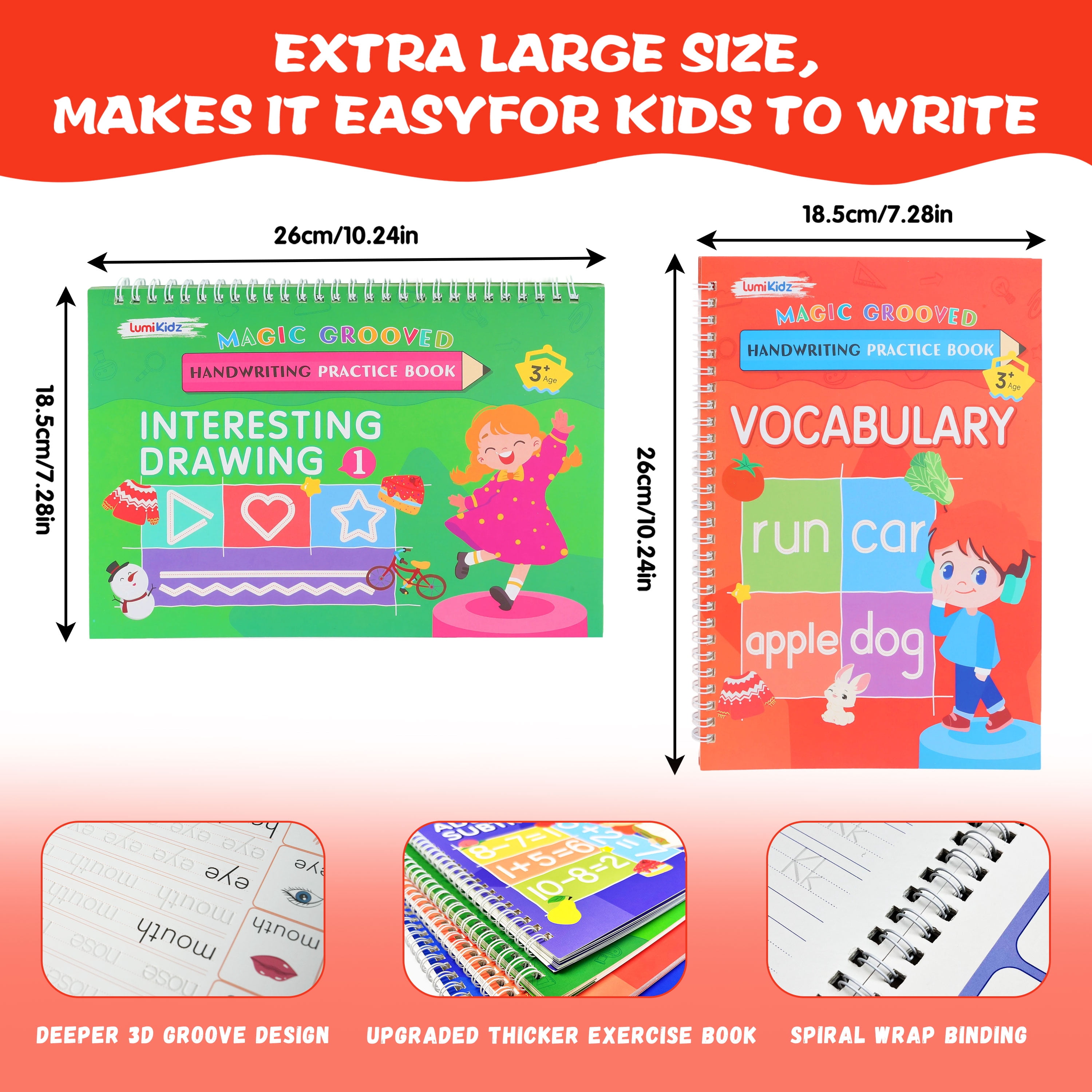 Magic Grooved Writing Practice for Kids Ages 3-8, Reusable Grooved Handwriting Workbooks，Large-Scale Writing Workbook, Kindergarten Workbook, 10.24 x 7.29 inches (7 Books + Pens)