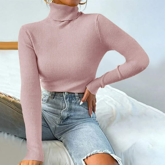 Aqestyerly Ladies' High-Neck Sweaters Fashion Women Solid Long Sleeve Pullove Turtleneck-Neck Casual Sweater tops