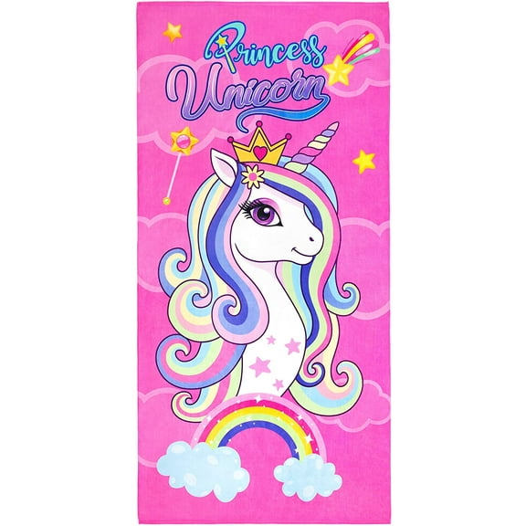 Beachland Unicorn and Stars Beach Towel 30 x 60 inch Cotton Rainbow Colors Princess Unicorn