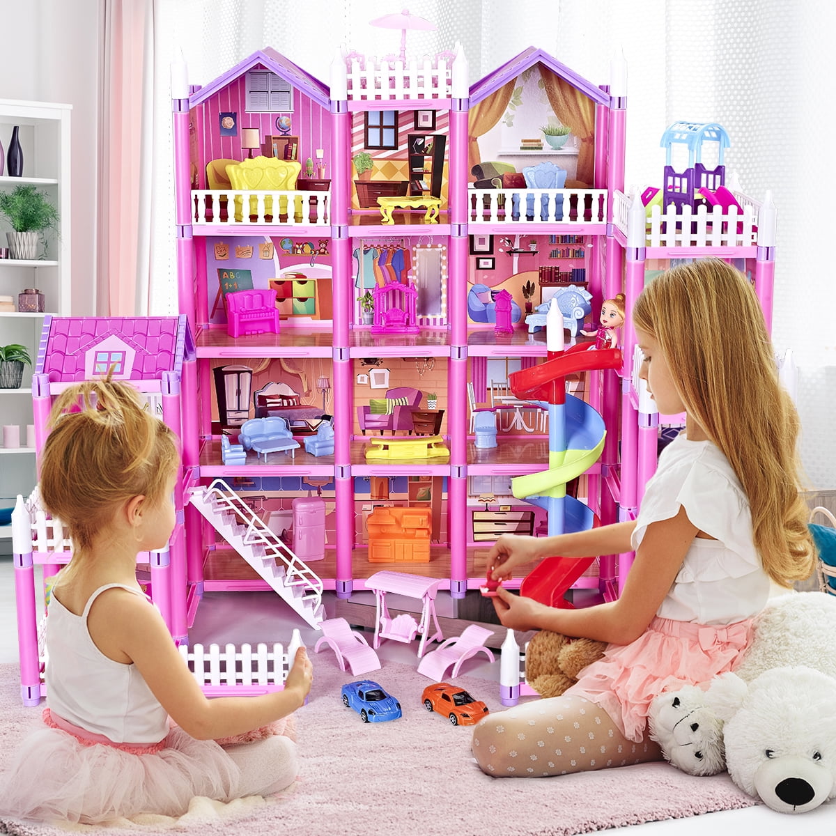 JoyStone Play Dollhouse with Doll Toy Figures and 14 Rooms Furniture and  Accessories Creative Dollhouse Gift for Girls Toddler and Kids Ages 3+ Pink