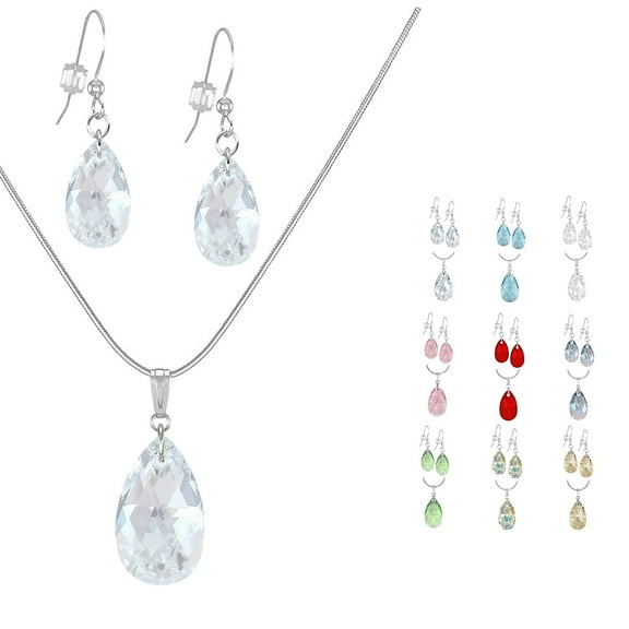 Austrian Crystal Teardrop Sterling Silver Necklace and Earring Set - Faintest Pale Blue AB