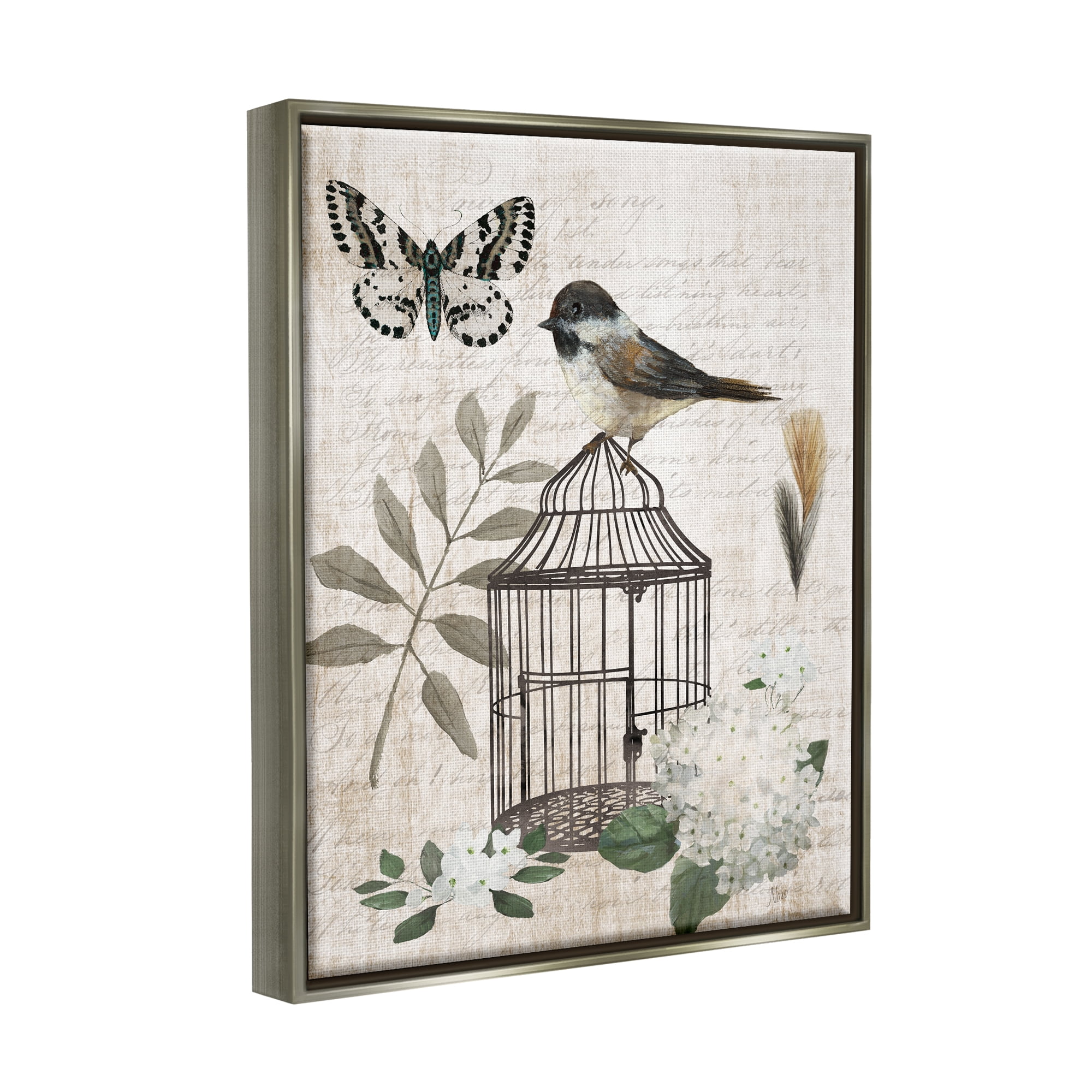 Stupell Industries Botanical Bird Cage Vintage Words Butterfly Motif Graphic Art Luster Gray Floating Framed Canvas Print Wall Art, Design by Nan