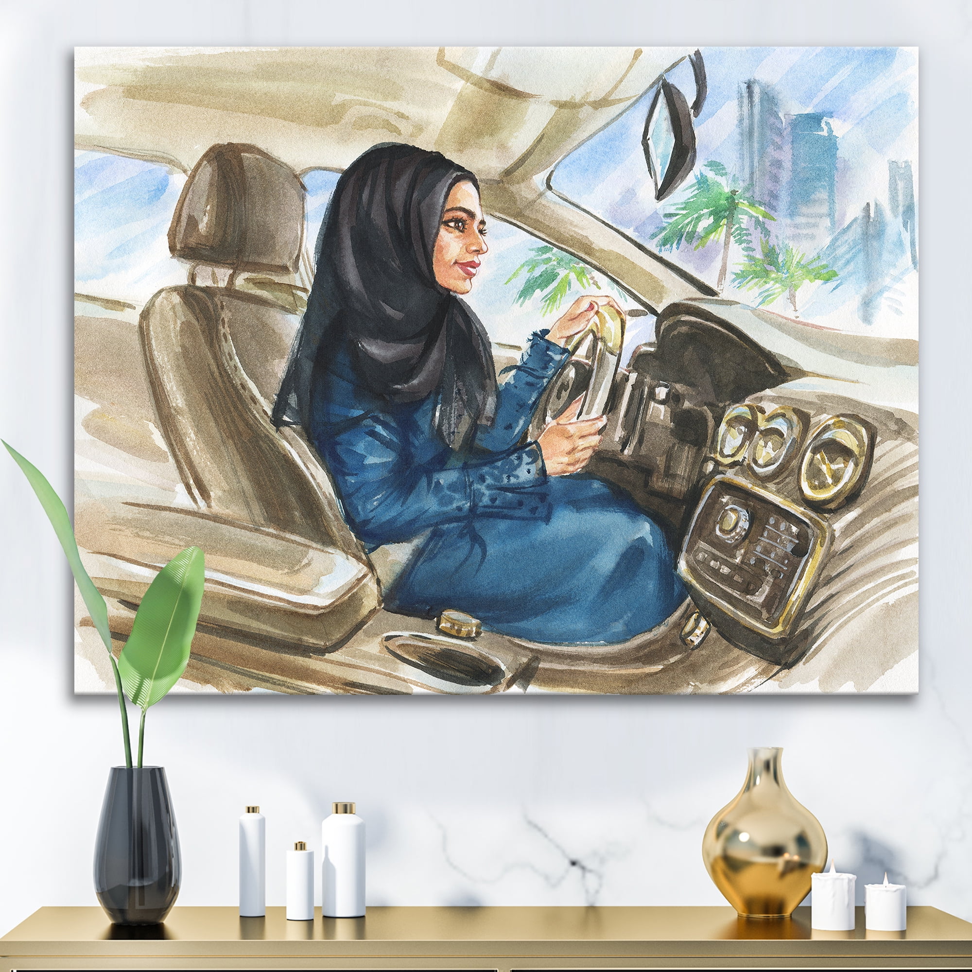 Designart ' Arabian Lady Driving A Car I ' Modern Canvas Wall Art Print
