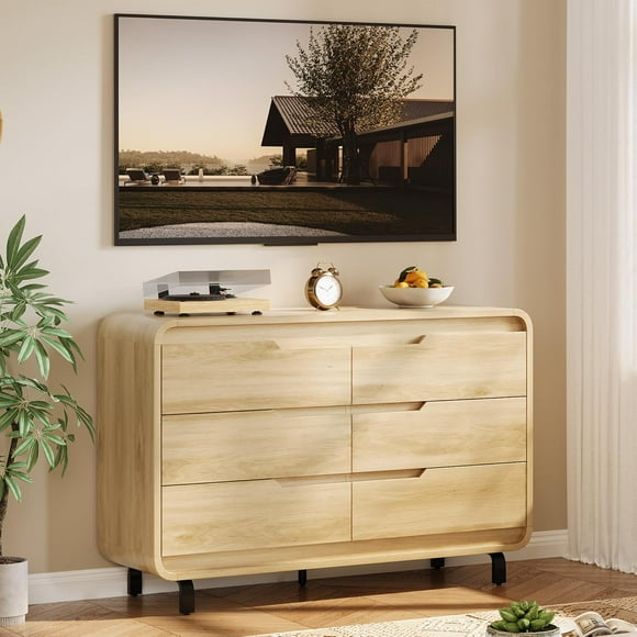 Dresser for Bedroom with 6 Drawers,Chest of Drawers with Large Wood Storage Dresser, TV Stand for Bedroom, Nursery, Living Room, Hallway, Natural