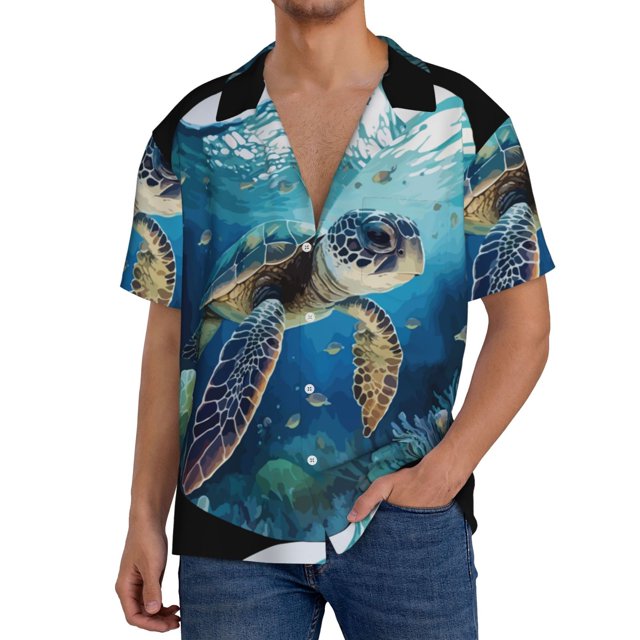 Balery Watercolor Turtle4 Camisa Casual de Manga Corta con Botones para Hombre, Texturizada, Estilo Cubano, para Playa, Verano-Large