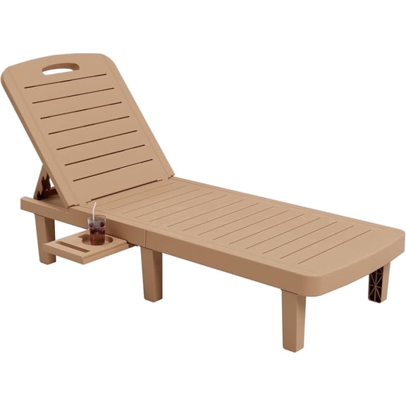 Poteban 1-Pack 5-Position Outdoor Lounge Chair, All-Weather Resin Chaise Lounge with Cup Holder for Pool, Patio, Wood Tone