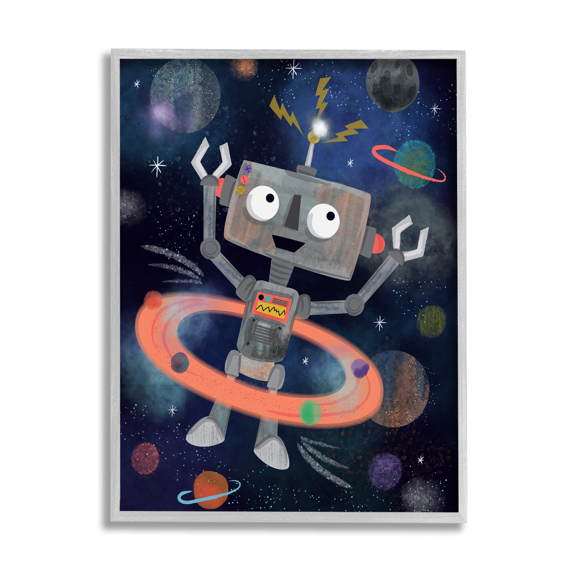 Stupell Industries Quirky Robot Outer Space Universe Surrounding Planets Graphic Art Gray Framed Art Print Wall Art, Design by Lisa Whitebutton