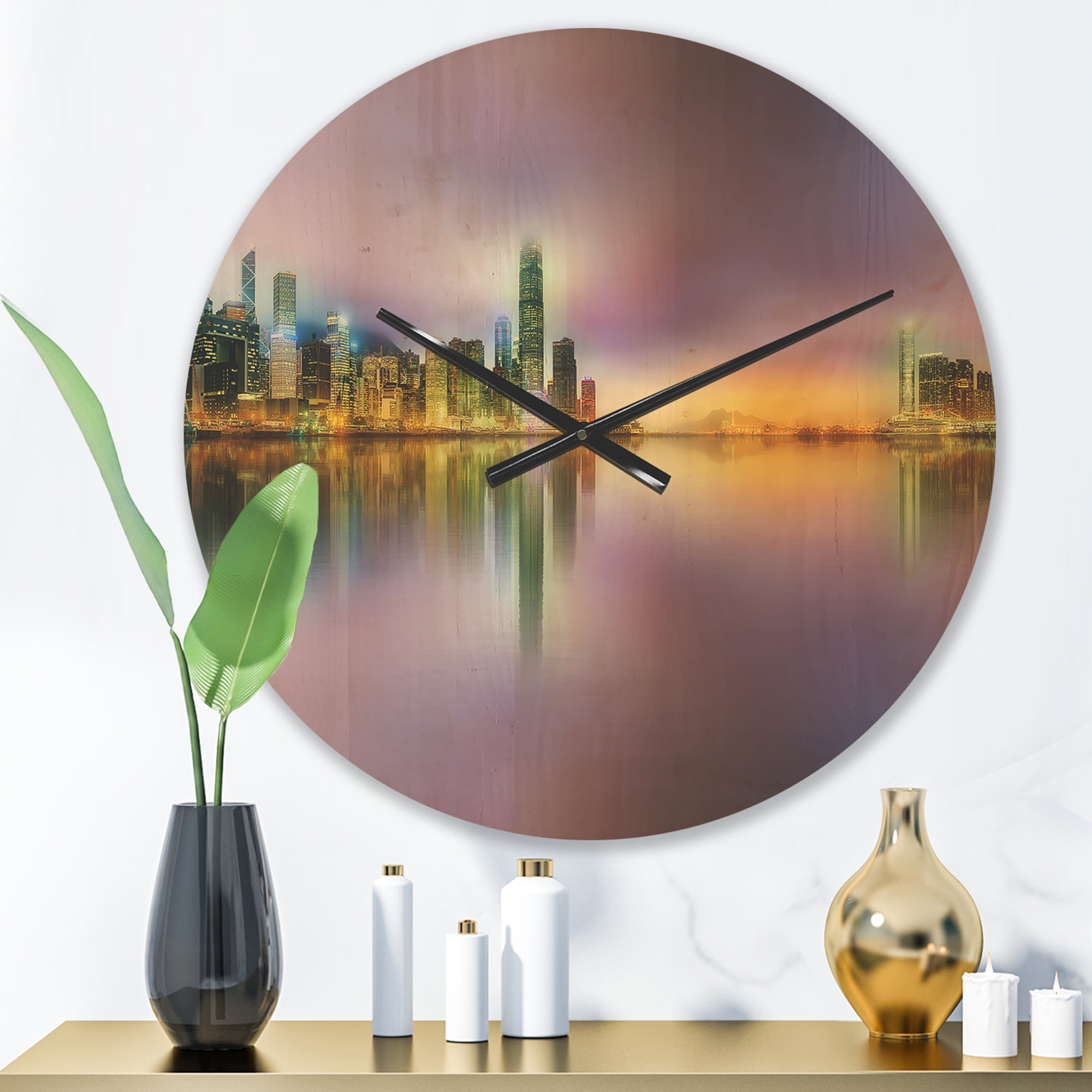 Designart 'Panorama Hong Kong at Twilight ' Industrial Wood Wall Clock
