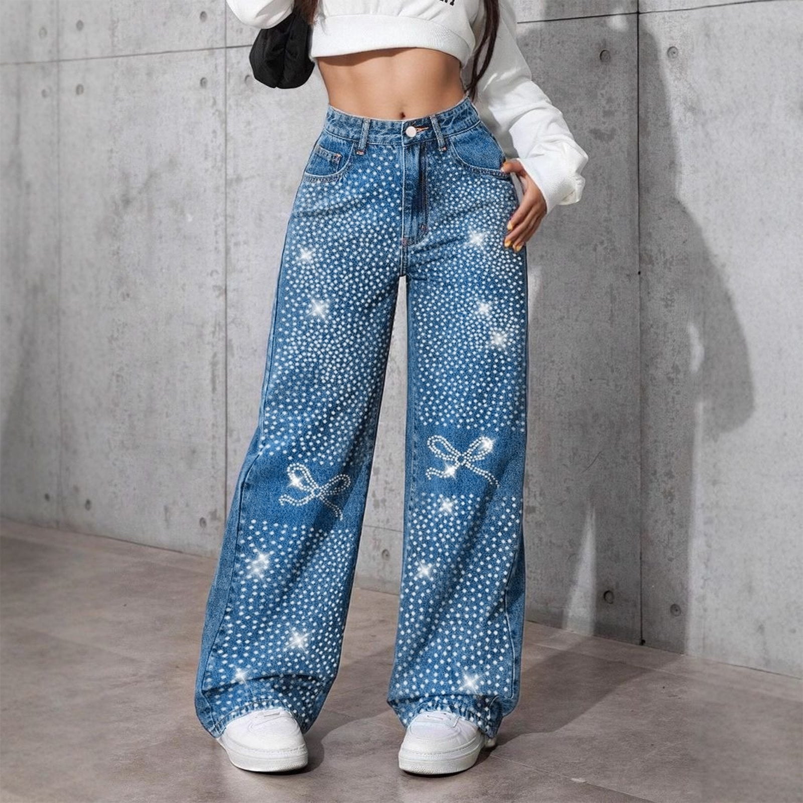 Fashion Blue Jeans for Women Rhinestone Butterfly Print Loose Fit