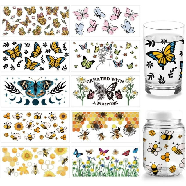 10 piezas de 10 estilos de pegatinas de transferencia de vasos, papel de transferencia de insectos, pegatinas de mariposas, pegatinas UV DTF, pegatinas de envoltura de vasos de PVC de abejas,