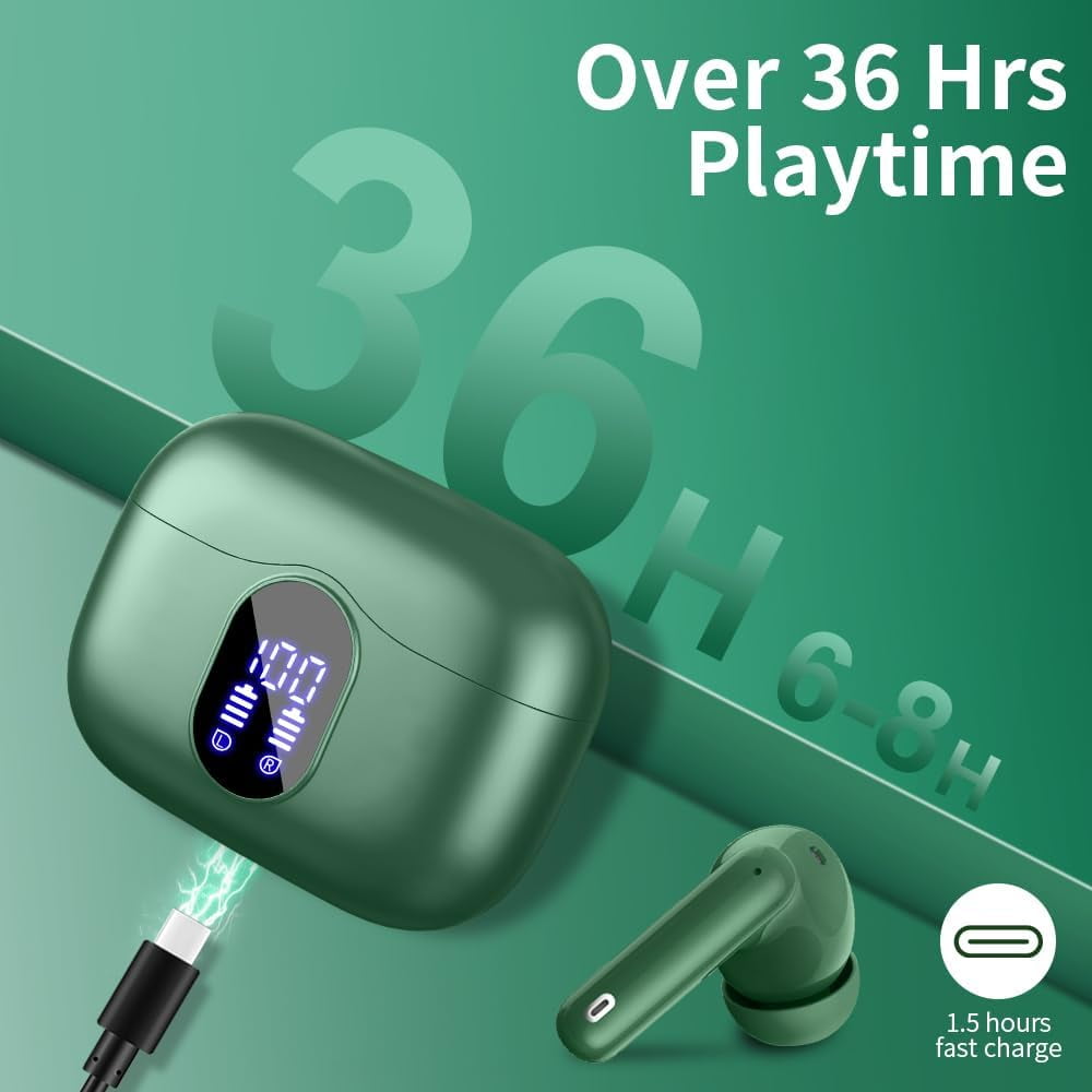 Wireless Earbuds, Bluetooth Headphones 5.4 HiFi Stereo, Wireless Earphones with ENC Noise Cancelling Mic, IP7 Waterproof in Ear Wireless Headphones, LED Digital Display Ear Buds, Touch Control, green