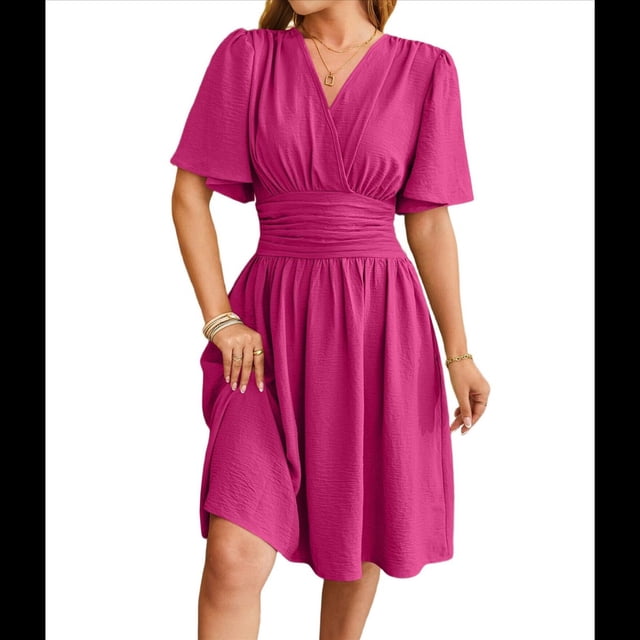 Vestido de Mujer de Verano 2025, Elegante Minivestido con Volantes y Escote en V Profundo, Vestidos A la Cintura Rosa Roja L