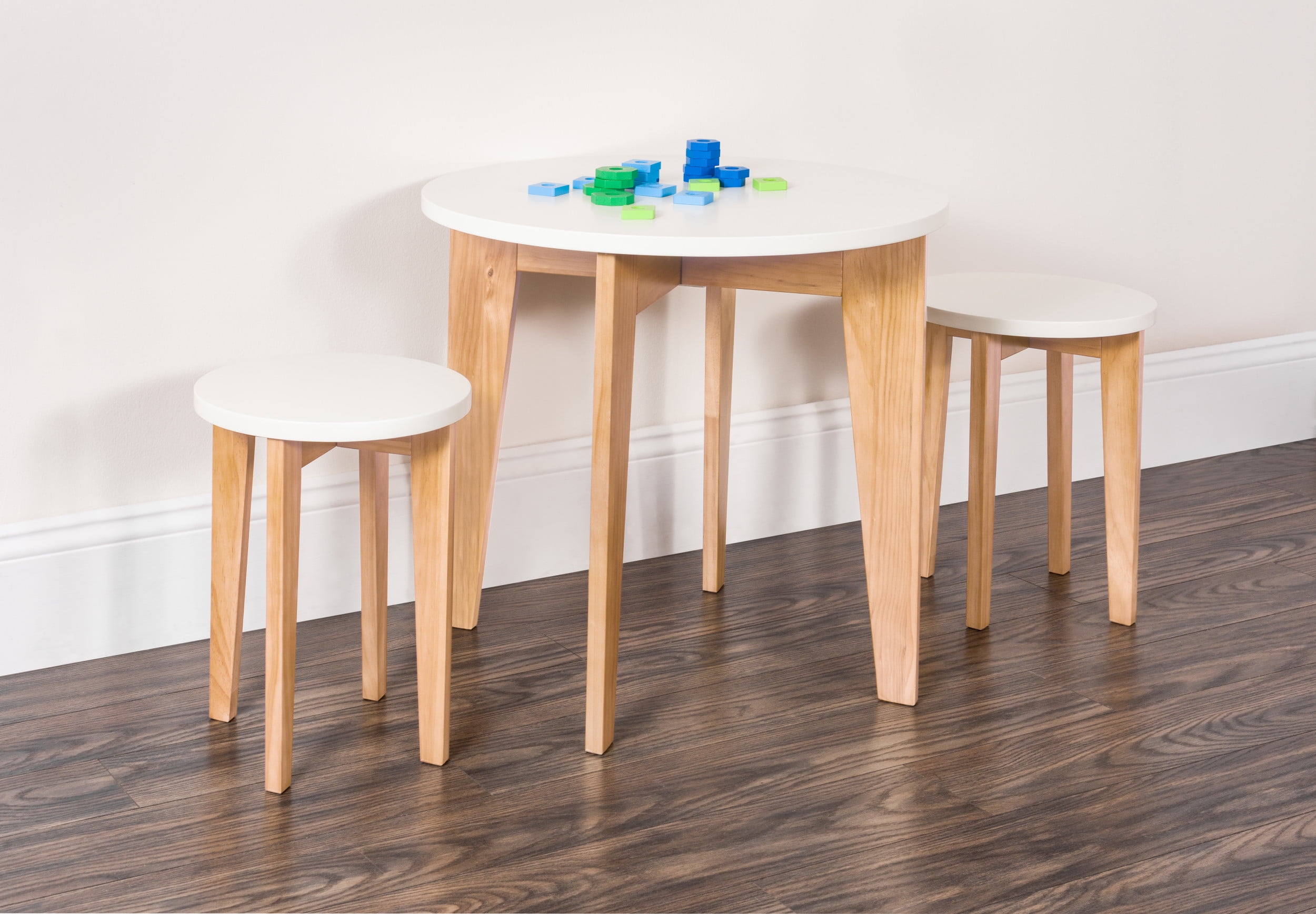 Forever Eclectic Geo Kids Round Wood Table and Chair Set (2 Stools Included), White/Natural
