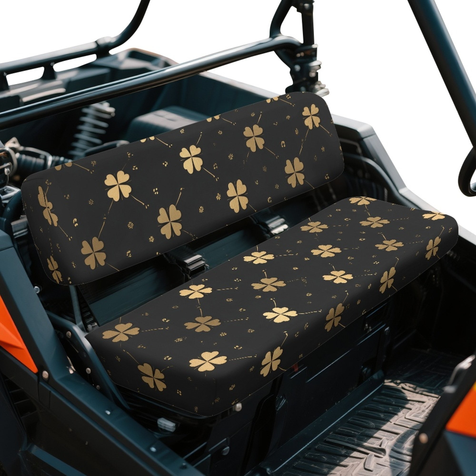 ZIATUBLES UTV Front Seat Covers 2-Piece Set, Compatible with Kawasaki Mule 3000 3010 3020, Wear-Resistant Polyester Replacement Protector, Black Clover Print St. Patrick's Day Decor Acccessory