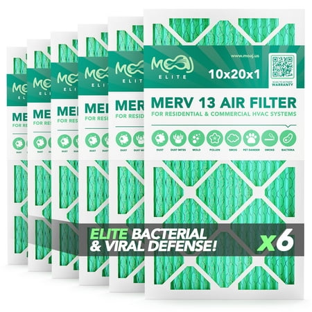 

10x20x1 Air Filter (6-PACK) | MERV 13 | MOAJ Elite Bacterial & Viral Defense | BASED IN USA | Quality Pleated Air Filters for AC & Furnace Applications | Actual Dimensions: 9.7 x 19.7 x 0.75 (in.)