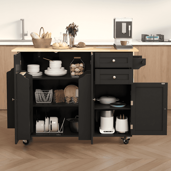 Vicluke 50.4" Kitchen Island with Drop Leaf & Power Outlet, Farmhouse Rolling Island Cart with 3 Spices Shelves on Wheels, Mobil Kitchen Island Table with Rubberwood Countertop Towel Rack, Black