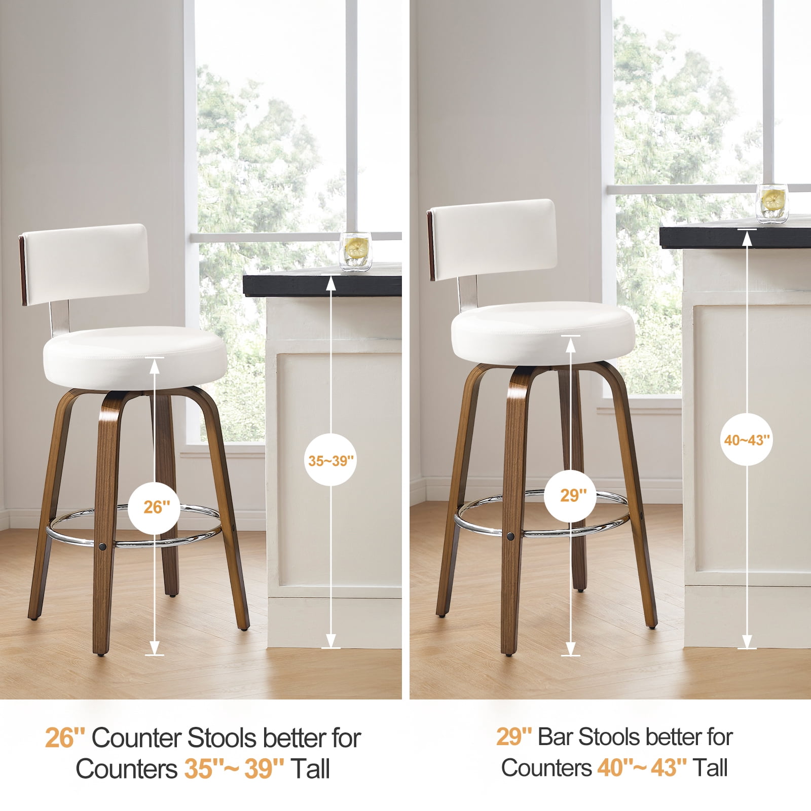 WOOW DEPOT PU Swivel Bar Stools Set of 2, 26" Seat Height Modern Upholstered Bar Chairs w/ Mid-back Round Seat Walnut Legs Leather Island Stools for Kitchen Counter