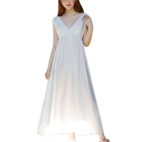 Defitshape Women's Victorian Nightgown Summer Sleeveless Pj Soft Comfy Sleep Dress Vintage Lightweight Ruched High Waisted Deep V Neck Long SleepwearNight Dress White Small