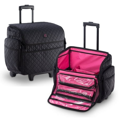 KIOTA Makeup Artist Case on Wheels, Soft Cosmetic Case with Trolley and Removable Storage Pockets for Beauty Products, Side Compartments with Zippers, Midnight