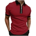 thumbnail image 2 of PiGOGI Men's Color Block Short Sleeve Half Zip Shirt - Sporty Casual Lapel Blouse for Summer Red, 2 of 6