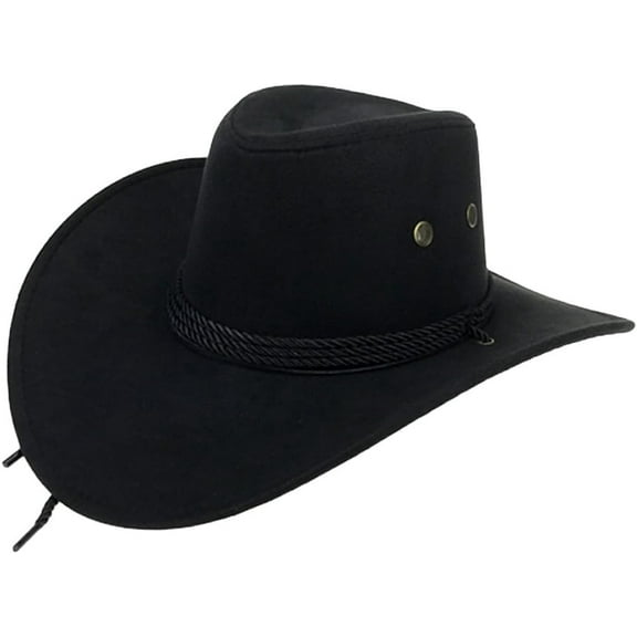 US Mens Faux Felt Western Cowboy Hat Fedora Outdoor Wide Brim Hat with Strap